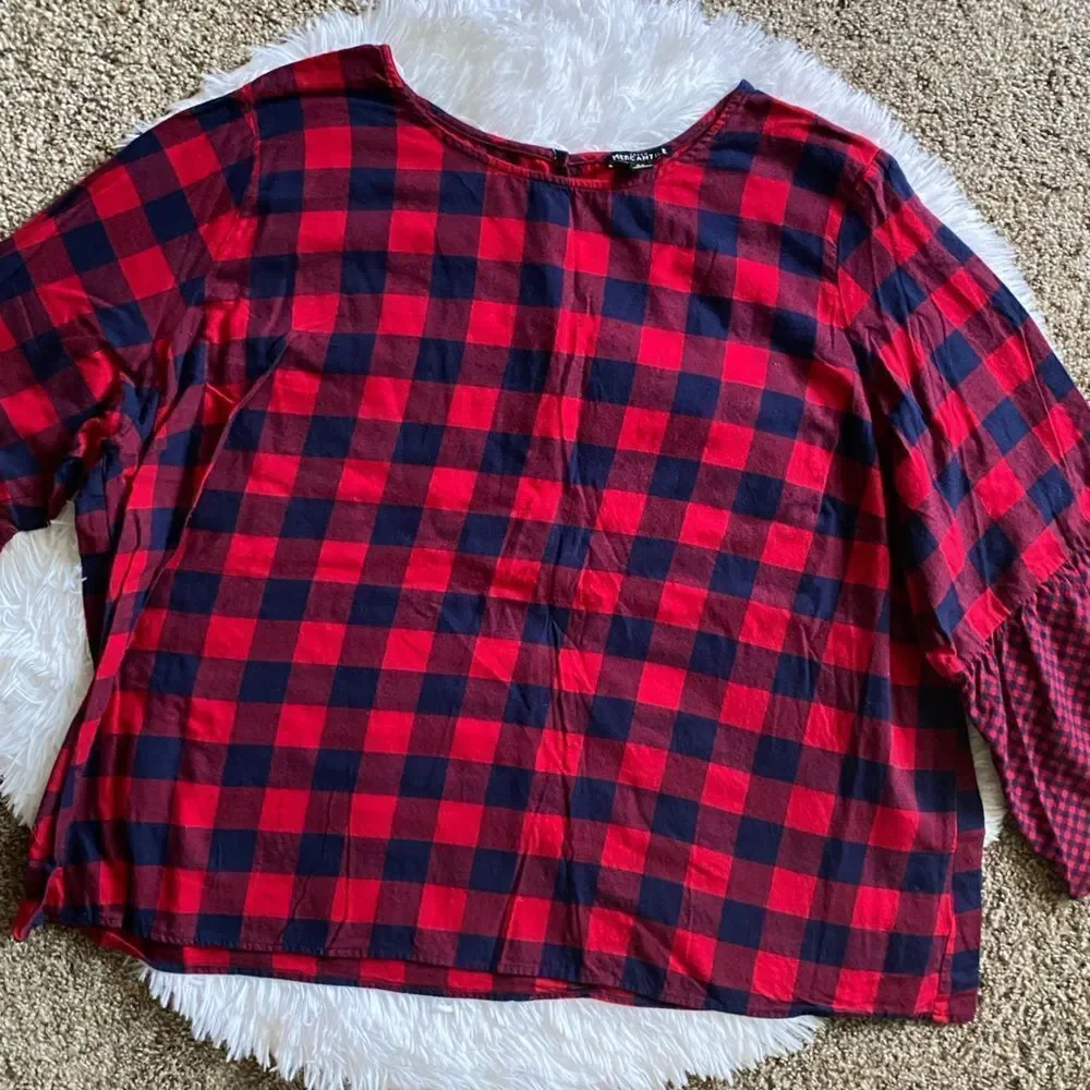 J. Crew Mercantile‎ Plaid Top Womens Size 24 Red Blue Wide Sleeves